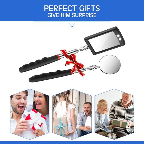 Frienda 2 Pieces Lighted Telescoping Inspection Mirror Flexible Retractable LED Automotive Extension Round Dental Mirror with Light Pickup Tools Valentine Birthday Gift for Men, Husband, Father