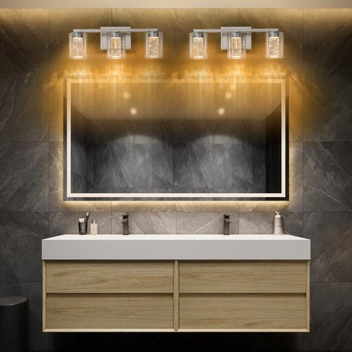 SineRise 3-Light Brushed Nickel Vanity Light with 3 Color Modes (3000K/4000K/6000K), Eye Protection LED Bathroom Light Fixture, Dimmable Modern Wall Light Over Mirror with Clear Glass Shade