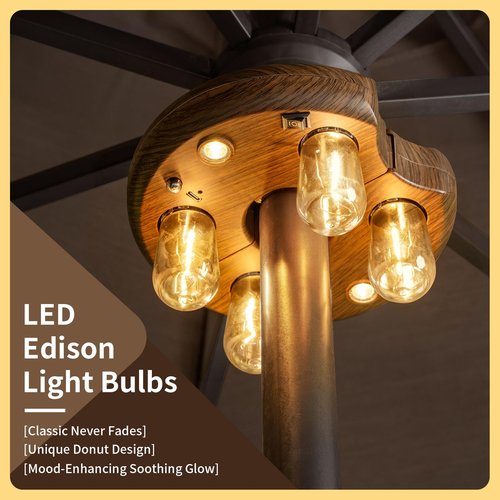 OPOIRA Dark Wood Grain Patio Umbrella Light with Remote Control, Rechargeable Cordless LED Edison Bulbs Pole Light with 10 Brightness Levels for Garden, Patio, Backyard, Camping or BBQ (2 Pack)