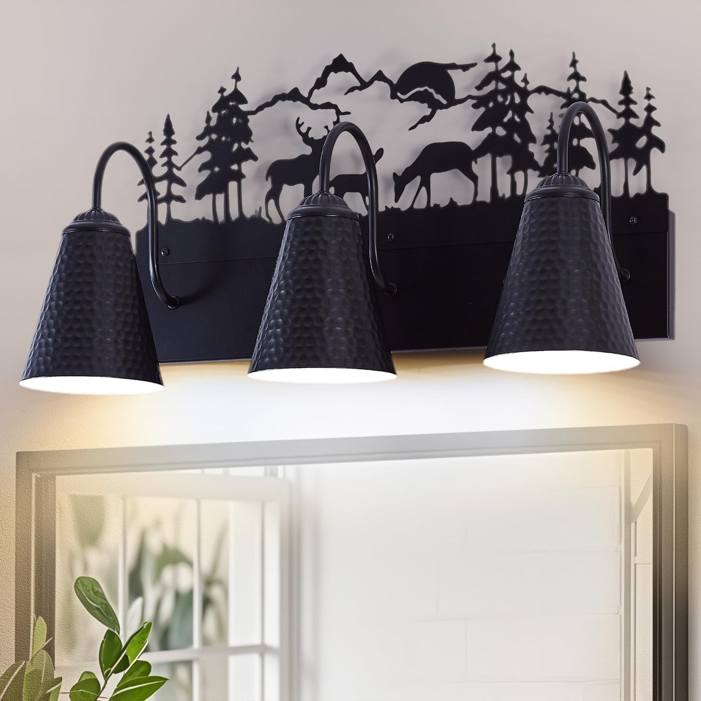 Monaxon Farmhouse Bathroom Vanity Light with Deer Design - E26 Base 3-Light Black Metal Rustic Wall Fixture for Mirror Lighting, and Dressing Table (Large, Bulb Not Included)