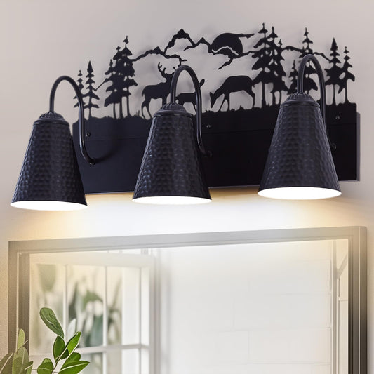 Monaxon Farmhouse Bathroom Vanity Light with Deer Design - E26 Base 3-Light Black Metal Rustic Wall Fixture for Mirror Lighting, and Dressing Table (Large, Bulb Not Included)