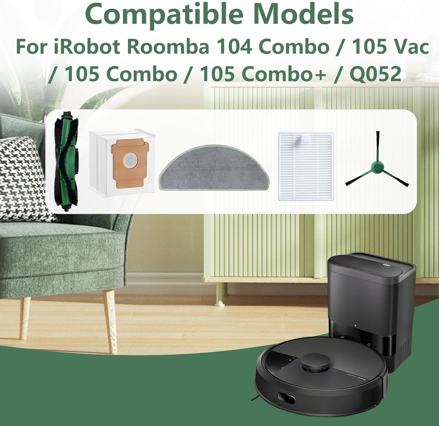 20 Pack Replacement Parts for iRobot Roomba 105 Combo/105 Combo+105 Vac/104 Combo/Q052 Robot Vacuum, 1 Main Brush, 6 Side Brushes, 4 HEPA Filters, 4 Vacuum Bags, 4 Mop Pads Parts & Accessories