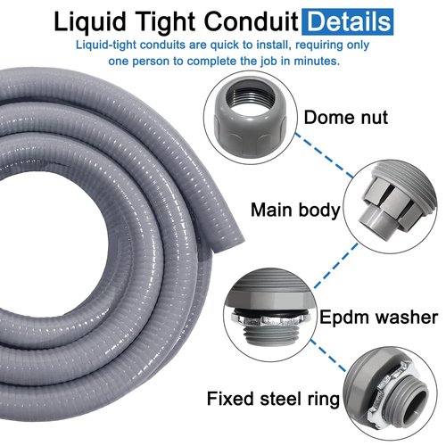 Liquid-Tight Conduit and Connector Kit 1/2 Inch 25 Ft,Flexible Non Metallic Liquid Tight Electrical Conduit UL Certification,Electrical Conduit Kit with 5 Straight,3 Angle Fittings
