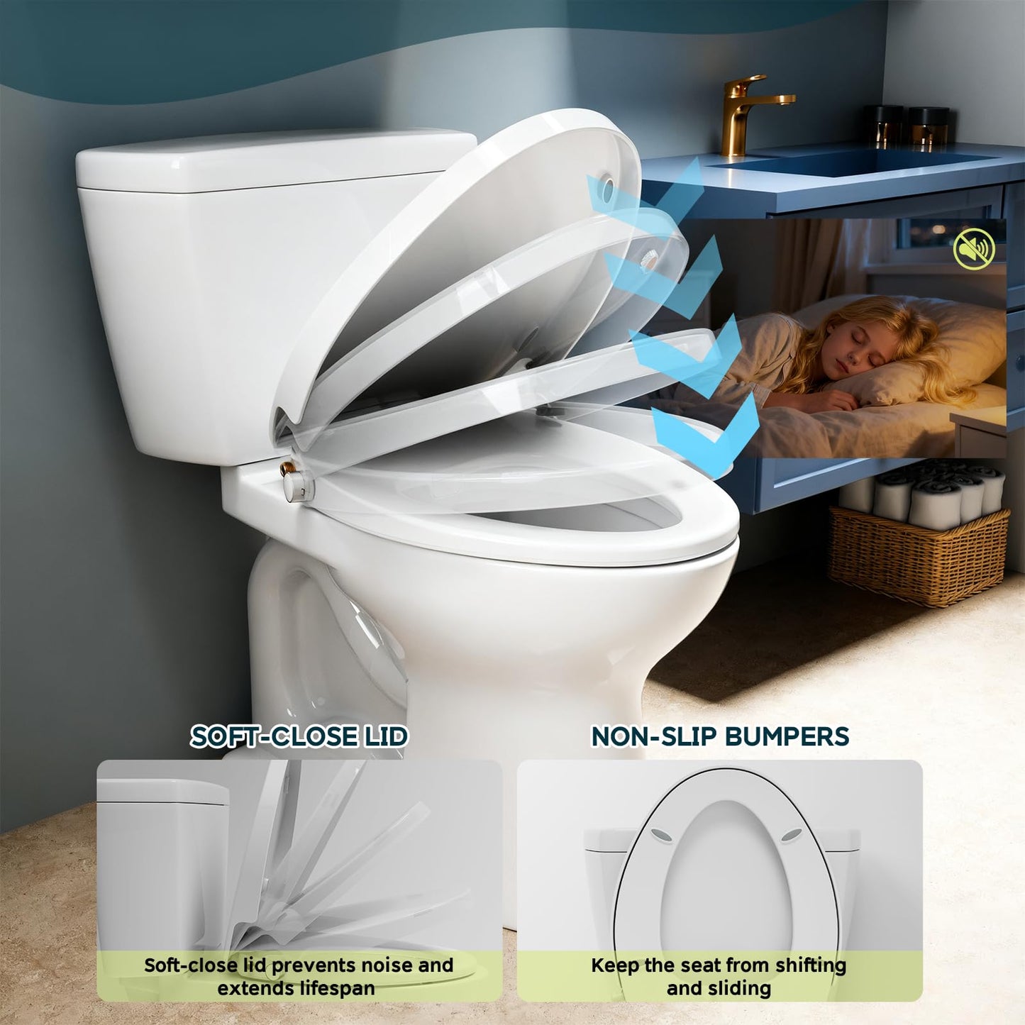 WITMYA Elongated Bidet Toilet Seat with Soft-Close Lid, Self-Cleaning Dual Nozzles, Non-Electric Bidet Seat with Adjustable Water Pressure, White Toilet Seat for Elongated Toilets with Brass