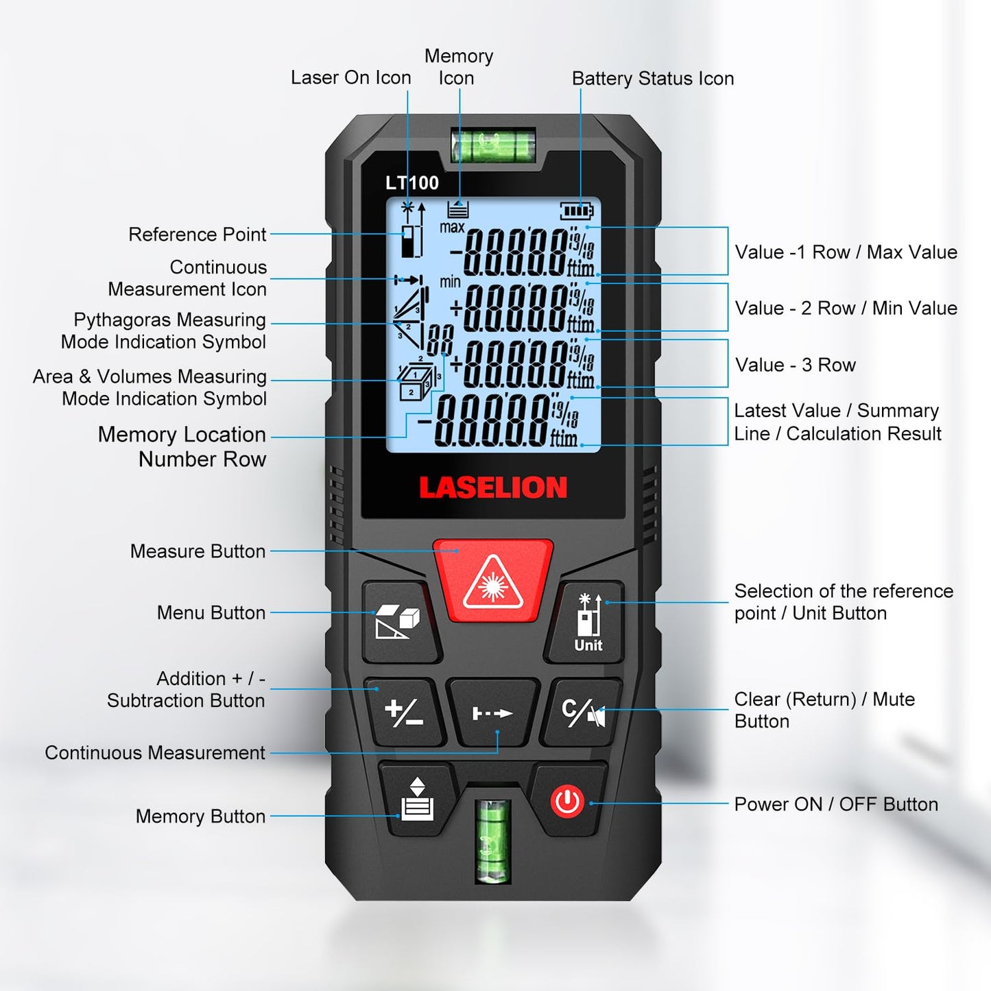 LT100 Laser Measure, 328ft/100m Laser Measurement Tool, with 2 Bubble Levels, Measuring Tool 4 Units Conversion、LCD Backlit Display, IP54 Waterproof, Pythagorean Mode for Distance, Area, Volume