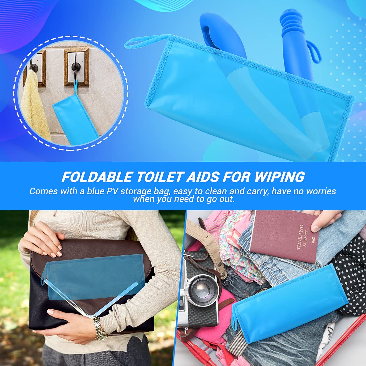 Jhua Foldable Butt Wiper Tool for Women Men Toilet Aids for Wiping 15.7" Long Comfort Bottom Buddy Wiping Aid, Self Wipe Assist Toilet Aids Wand for Disabled, Elderly, Overweight, Pregnant People