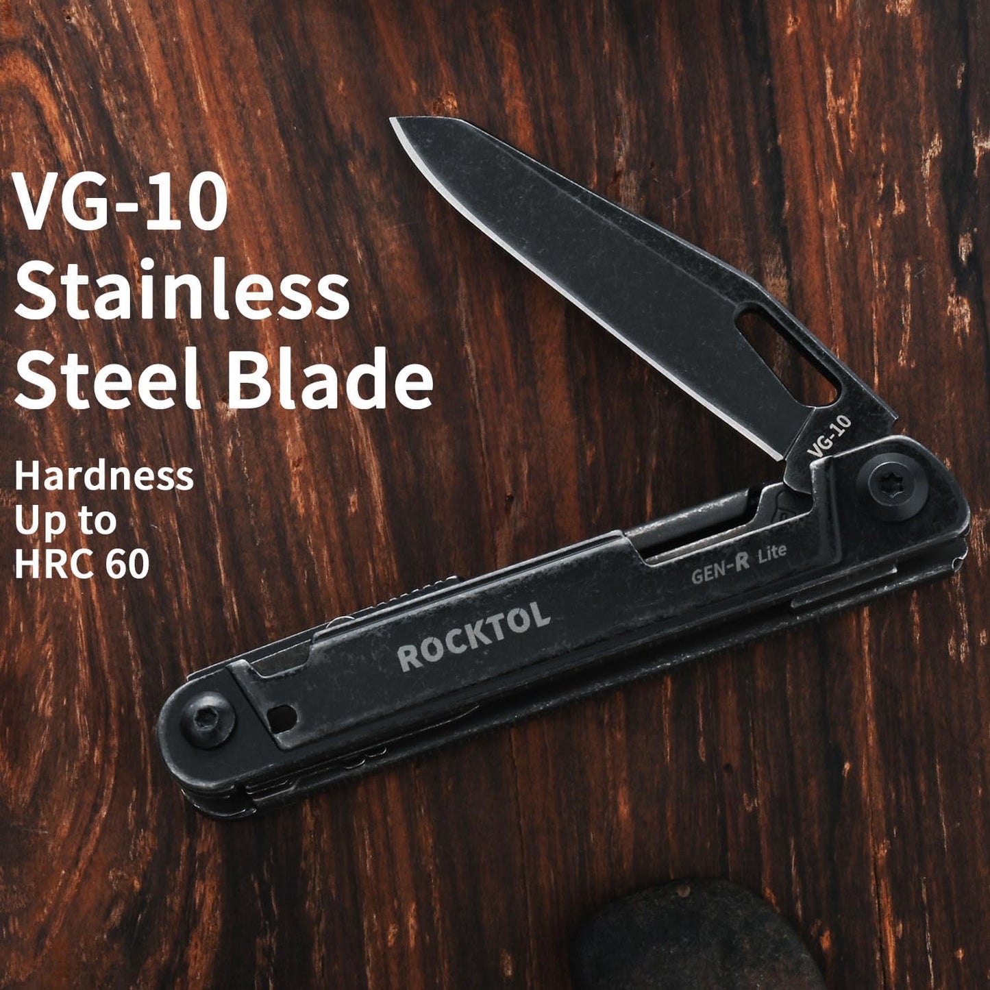 Multitool Gen-R Lite, Retro Black EDC Pocket Knife VG10 Blade, Compact 15-in-1 Multi-tool with Screwdriver, Large Scissors, Glass Breaker, Leather Sheath, Lightweight for Hiking, Camping