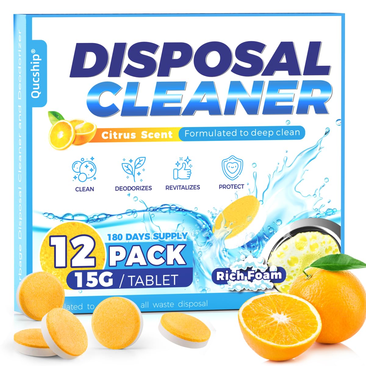 Qucship Garbage Disposal Cleaner Tablets - 12 Pack, XXL Foaming Disposal Cleaner - Powerful Deep Cleaning & Grease Remover, Septic Safe Kitchen Sink Drain Care for Maintenance