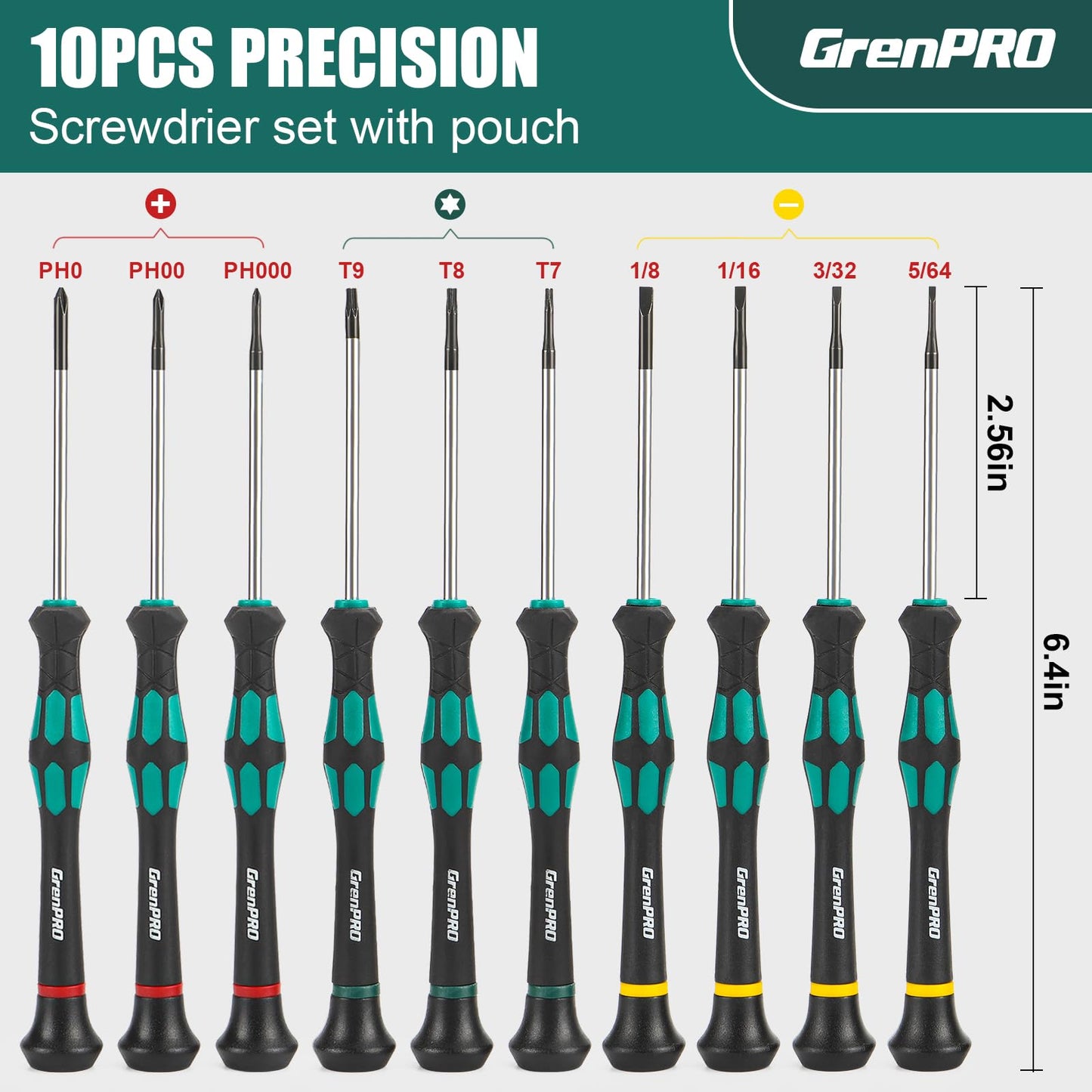 10-Piece Precision Screwdriver Set, GRENPRO Magnetic Small Screwdrivers with Phillips, Slotted, Torx Star for Eyeglass, Watch, Computer, Laptop, Phone