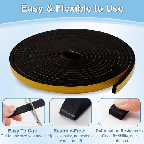 PackYard Weather Stripping Door Seal Strip, Strong Adhesive, Lightproof, Noise-Reduction, Weatherproof Foam Tape Insulation Weather Stripping Door Seal Foam Tape for Doors Windows 1/2 in W x 1/4 in T