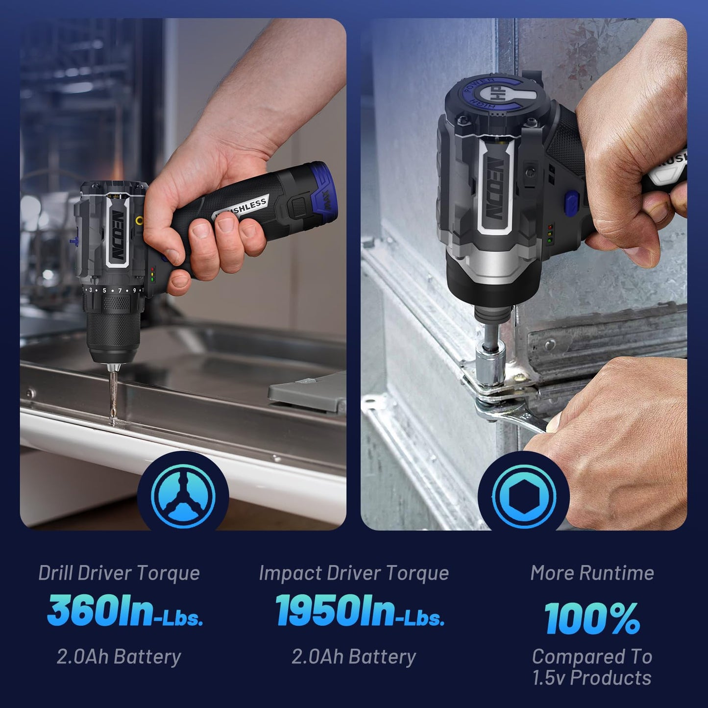 NCOEN 12V Cordless Drill and Impact Driver Power Tool Kits Combinados with 2 Batteries and Fast Charger (3/8"Drill & 1/4"Hex Impact Driver) for Home Installation,DIY tools