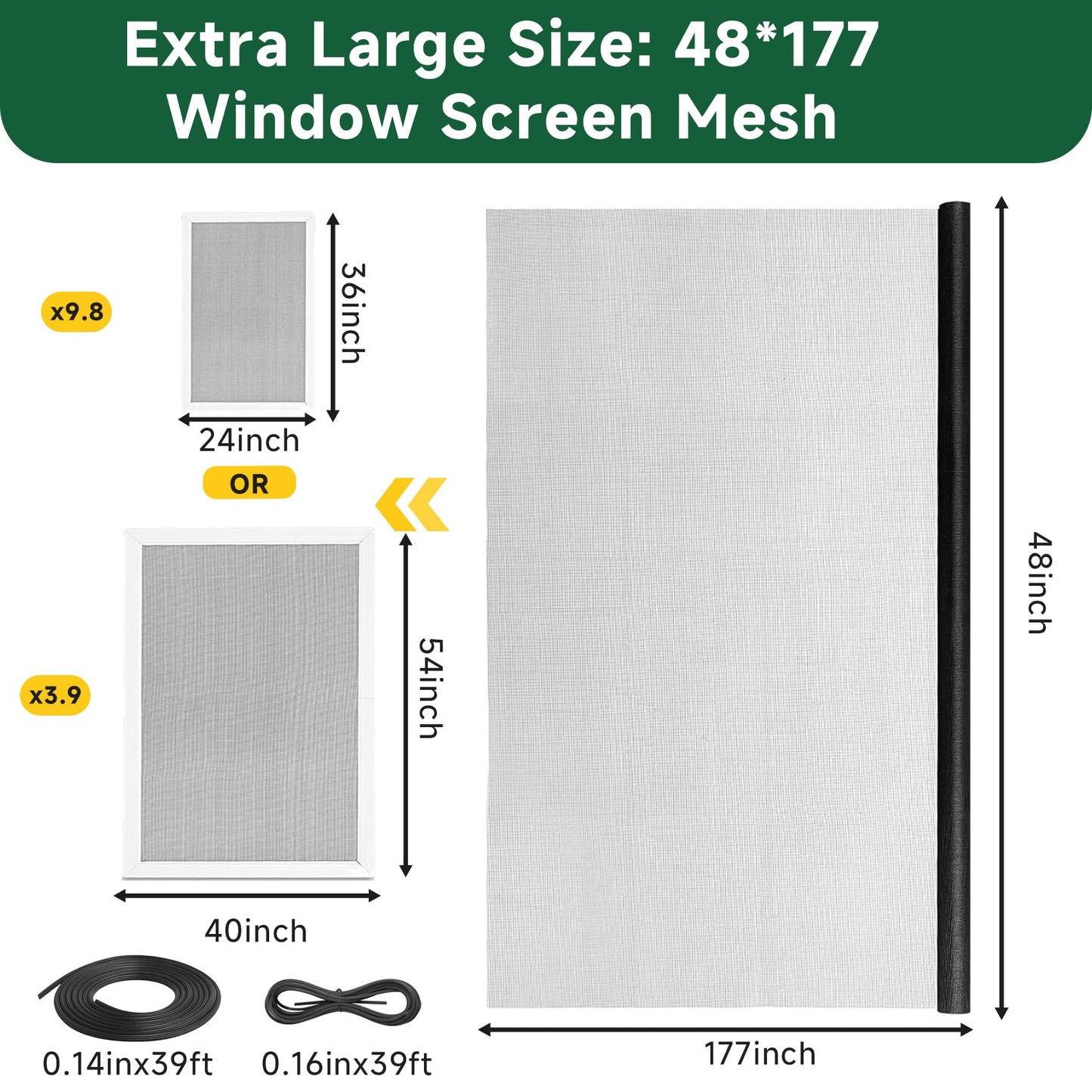Windows Screen Replacement Kit and Screen Door Repair Kit 48"x177" Durable Fiberglass Screen Mesh Roll with All Tools in Window Screen & Sliding Screen Door Replacement for Windows, Patio and Porch