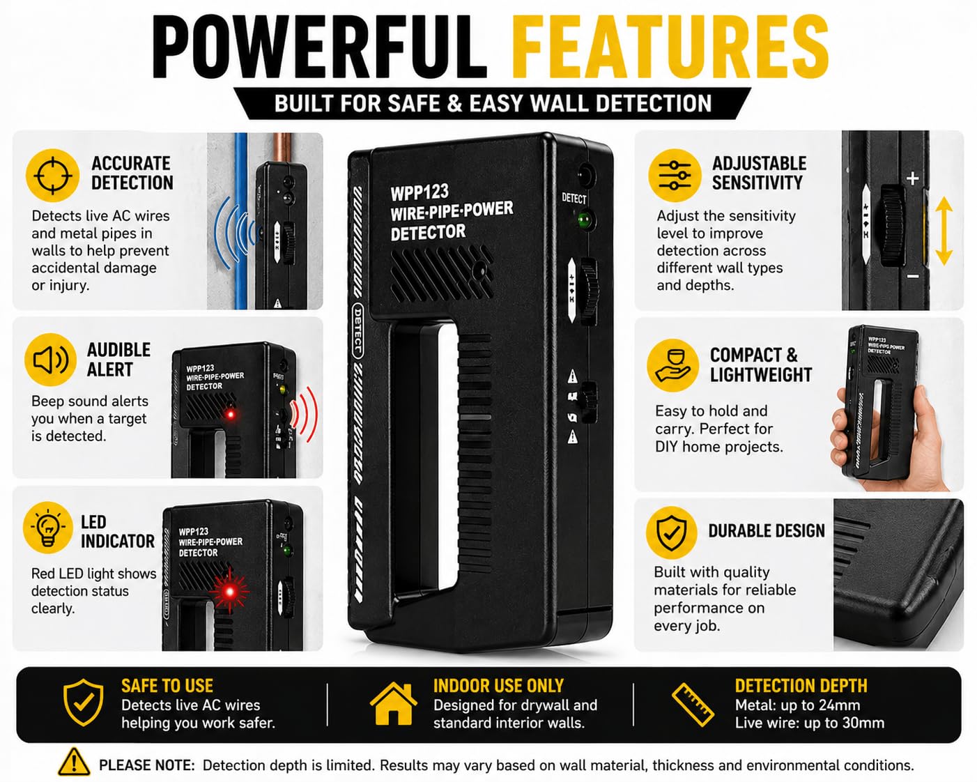 WPP123 Wire & Pipe Detector – Detects Live AC Wires & Metal Pipes in Walls – LED & Sound Alerts – Adjustable Sensitivity – DIY Indoor Wall Safety Tool (High Sensitivity)
