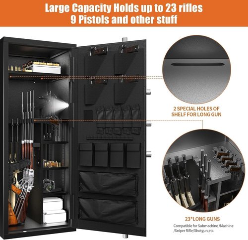 30 Gun Safe, Large Rifle Safe for Rifle and Shotgun/Rifle Pistol Rack/Storage Pocket/Removable Shelf/Silent Mode/External Battery/LED/Key,180° Open Door Panel Organizer Long GunSafe(Large Version)