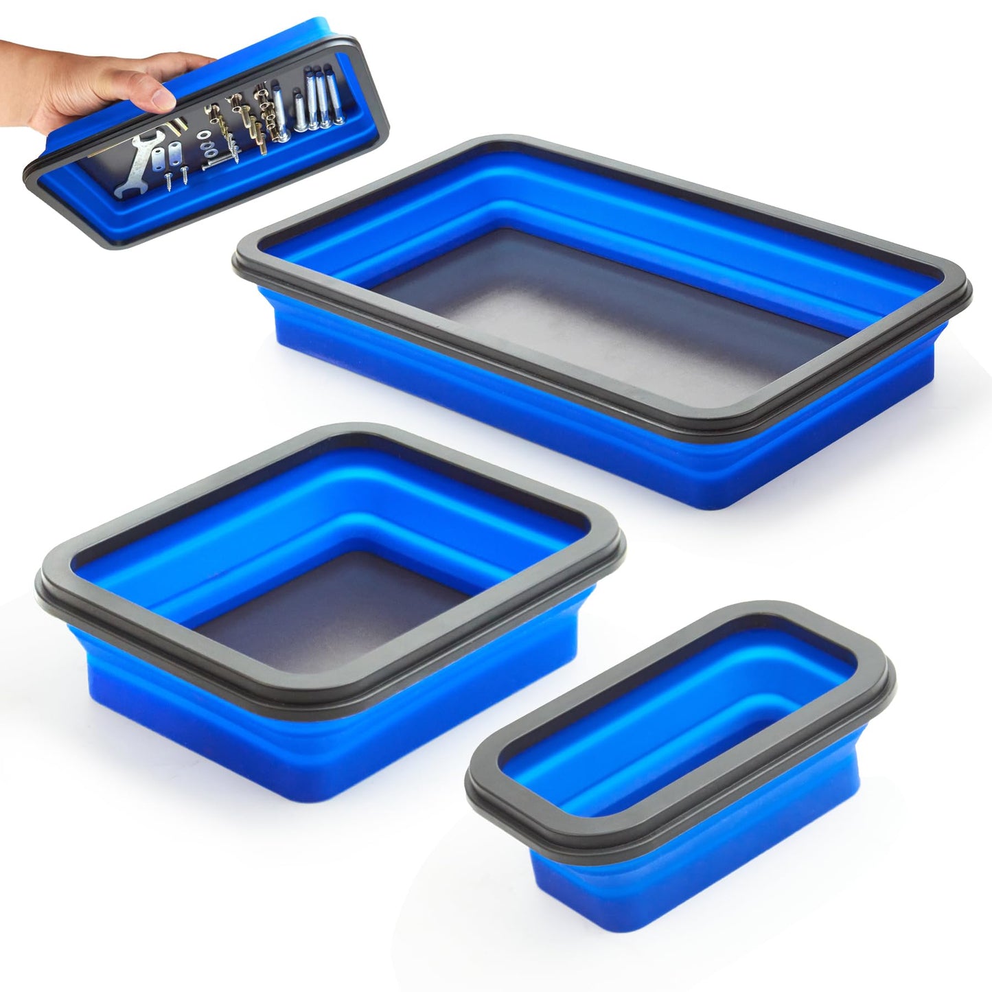 stochastic box Collapsible Magnetic Parts Tray Set Foldable Magnetic Tray 3 Different Size Silicone Tool Trays for Screw, Bolts,Nuts,with Magnetic Base Stores and Organizes Small Parts and Tools