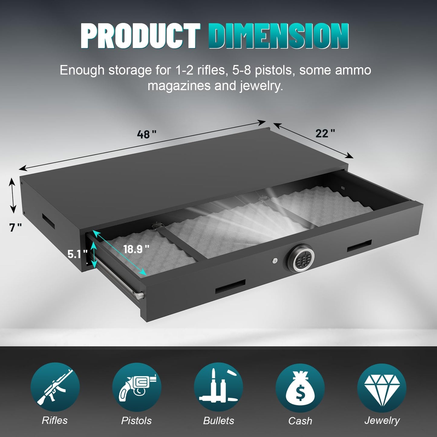 Eltean Under Bed Gun Safe for Rifles and Pistols, Gun Storage Safe Drawer,Rifle Safe with Upgraded Digital Panel, Shotgun Cabinet with LED Lights, Quick Access