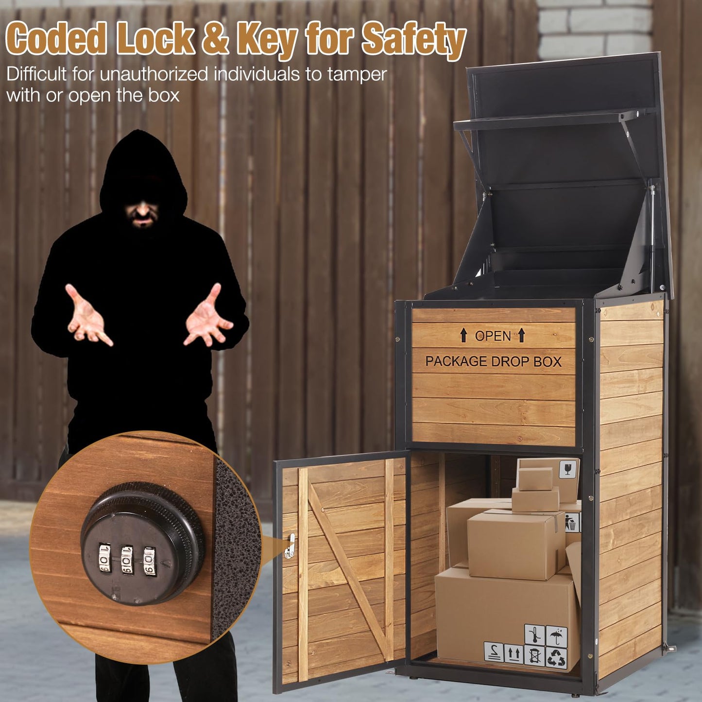 Package Delivery Box for Porch with Lockable Secure, Large Outdoor Parcel Storage Anti Theft -Waterproof Parcel Mailbox with Iron Frame & Natural Wood