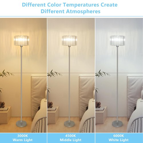 HMVPL Crystal Floor Lamp, Chrome Pole Floor Lamp with K9 Crystal Shade, Silver Standing Lamp with On/Off Switch, Modern Corner Tall Lamp for Living Room Bedroom Nursery Office Home Decor