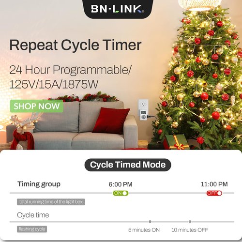 BN-LINK Digital Infinite Repeat Cycle Timer for Electrical Outlets Indoor,24 Hour Programmable Outlet Timers, Energy Saving 3 Prong Outlet with Countdown On/Off,125V/15A/1875W