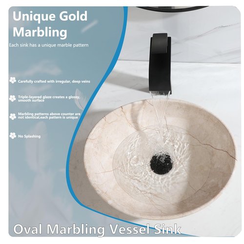 HM HomeMieco Oval Marbling Vessel Sink with Waterfall Faucet and Pop-up Drain Ceramic Bathroom Sink Above Counter Bowl Sinks for Bathrooms