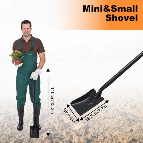 Small Square Shovel 43.3Inches Small Shovel with Metal Handle Garden Tool for Camping Farming Gardening Digging, Black