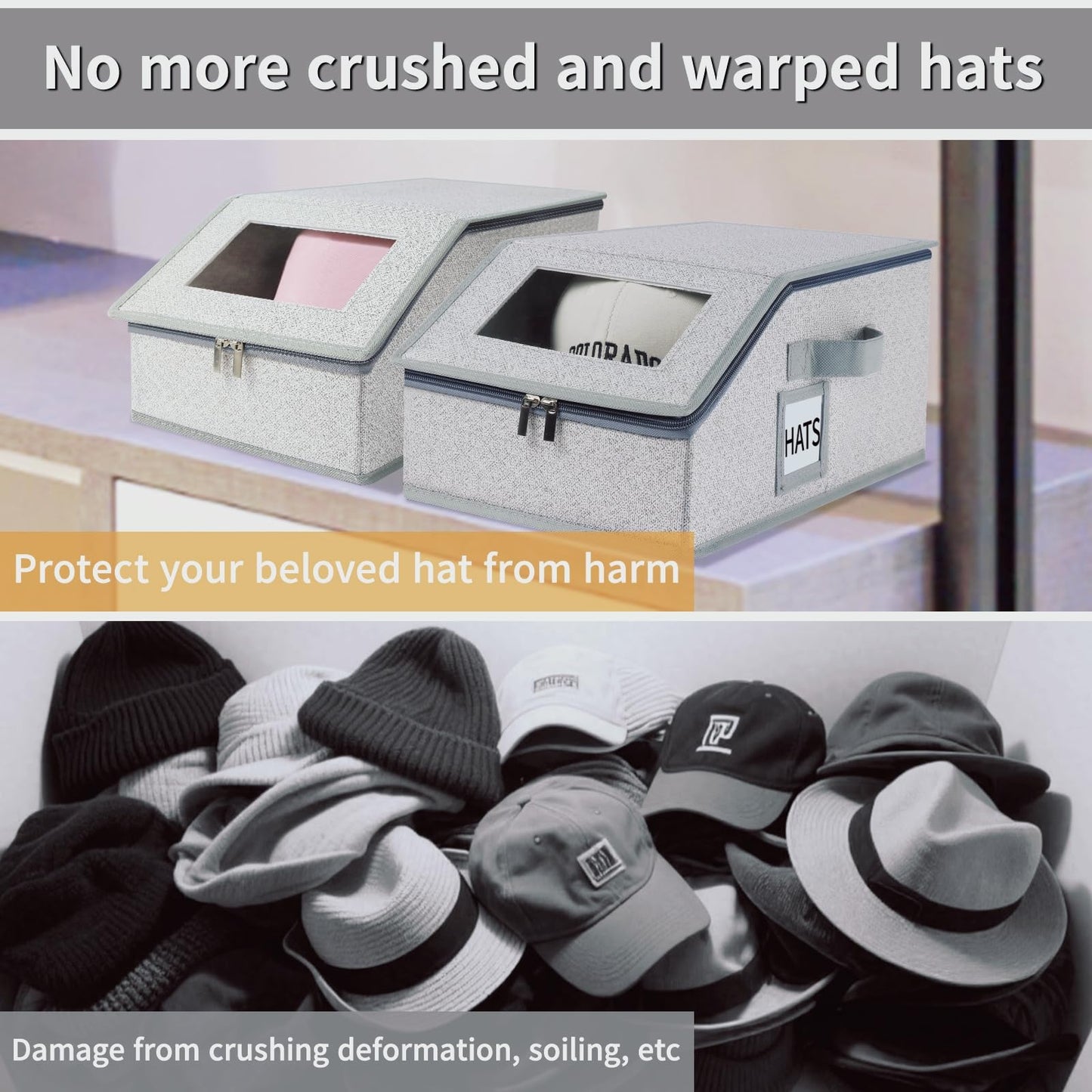 LUMESIX 2 PCS Hat Organizer for Baseball Caps Stackable HatBox Hat Rack Hold Up to 24 Caps Hat Storage for Closet with Clear Window Space-Saving Fabric Hat Holder