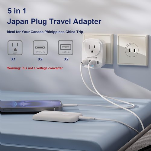 VooLerTun 5 in 1 Type A Plug Travel Adapter,2 Packs Japan Adapter Plug, Japan Plug Travel Converter with 2 USB C,2 USB A Ports and 1 American Outlet,US Socket to Philippine