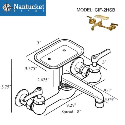 Nantucket Sinks Wall Mount Faucet – 8 Inch Center Wall Mount Bathroom Faucet & Soap Dish, for Utility or Laundry Room, Satin Brushed Brass Finish, 2 Hole Fit – Designer Accesories CIF-2HSB