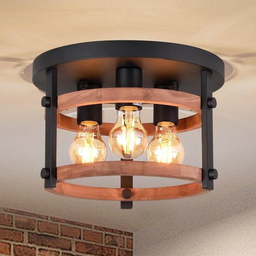 3-Light Flush Mount Wood Ceiling Light Black Metal and Round Wood Frame Hallway Ceiling Light 12 inch Retro Rustic Light Fixtures for Farmhouse, Kitchen, Foyer,Entryway, Bedroom, Dining Room