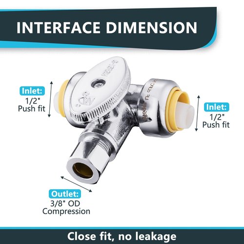 (Pack of 2) Seelink 1/4 Turn Stop Tee Compression Stop Valve, 1/2" Push Fit x 1/2" Push Fit x 3/8 Inch OD Compression, Chrome Plated Brass