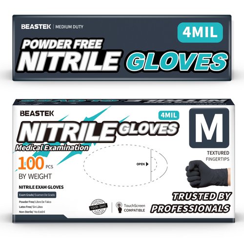 Beastek Black Nitrile Exam Gloves, 4.0 Mil, 100 Pcs Disposable Gloves Powder-Free Latex-Free for Medical, Cooking, Food-Safe (Medium)