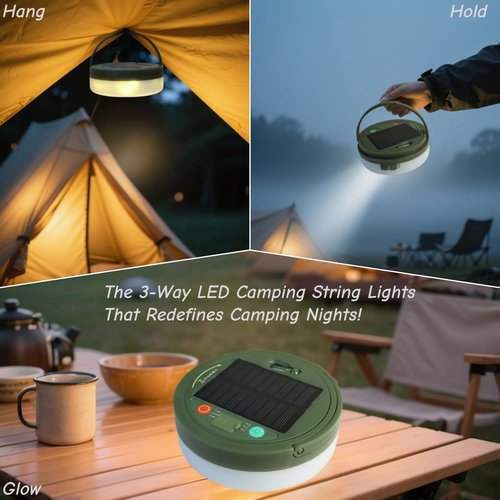 Olizurch Camping String Lights Solar USB Rechargeable, Retractable String Lights Camping 4 in 1 Led Roll Up Waterproof Outdoor Hanging Fairy Lights 33FT with 8 Modes for Tent Garden Party Festival