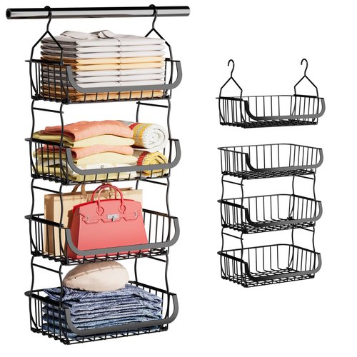 Metal Closet Hanging Organizer, 4 Tier Stackable Closet Organizers and Storage, Sturdy Clothes Hanging Shelves, Wire Storage Basket for Clothing Pants Coat Sweaters Handbags Hats, RV Pantry Organizer