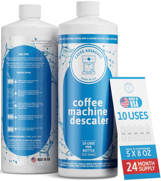 Caffe Assaggio Descaling Solution (10 Uses) Delonghi Keurig Nespresso Coffee Machine Cleaner Descaler Kit Coffee Machine Descaler Compatible with All Brands Breville Ninja