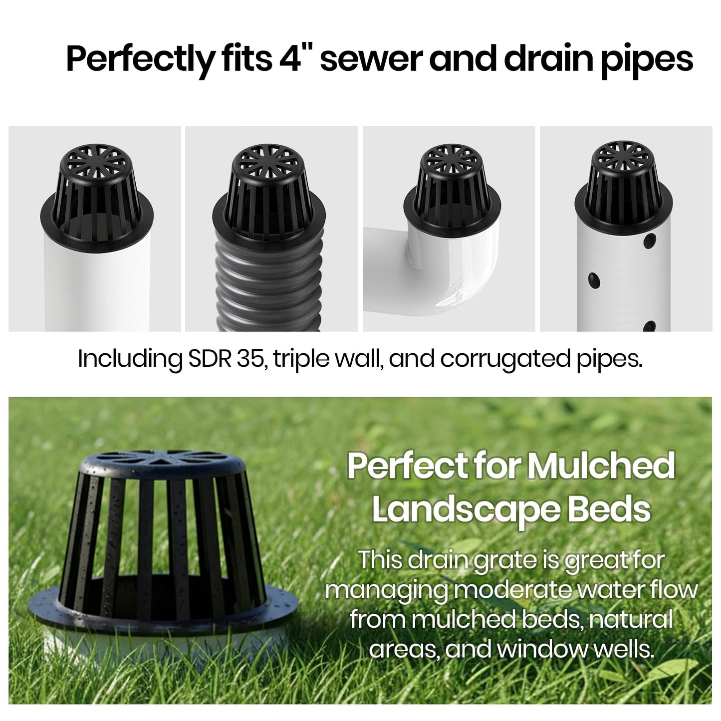 (3-Pack) Calvana 4” Round Atrium Drain Grate Cover, Compatible with NDS 78A, Fits 4” Sewer and Drain Pipe Fittings, Perfect for Small Lawns, Landscaping, Patios, Extra Tough Polyethylene, Black