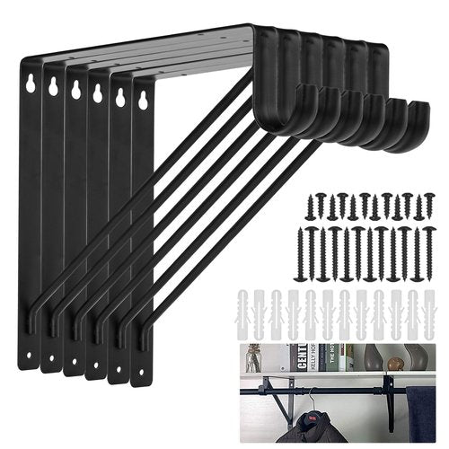 6 Pack Heavy Duty Black Steel Closet Brackets, 11 x 11 Inch Closet Rod Bracket,Supports 300 lbs, Wall Mount Closet Pole Supports Bracket Hook with Screws