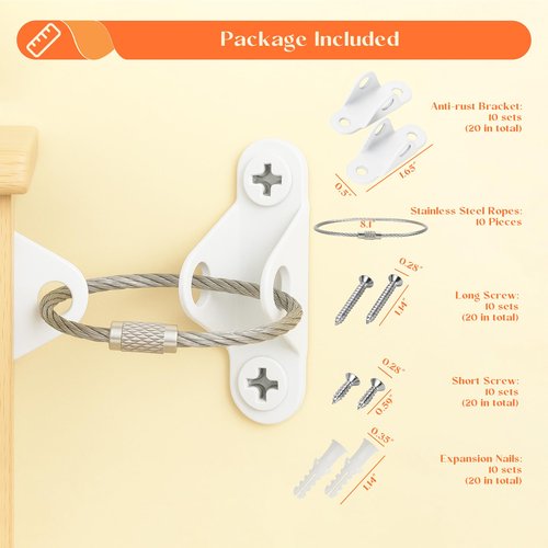 KOVOSCH 10 Pair Furniture Anchors for Baby Proofing, Stainless Steel Furniture Straps with Anti-Tip Anchors Secure 400 lbs, Protect Baby and Pet from Falling Furniture and Earthquake, White