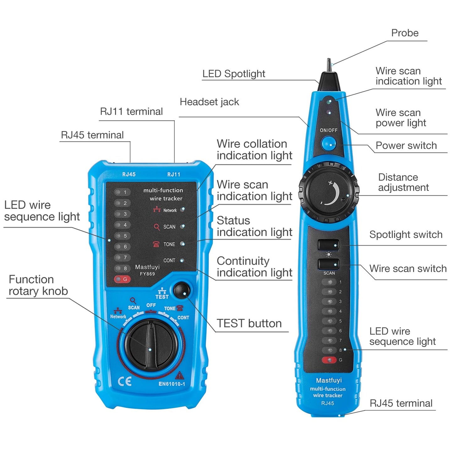 Mastfuyi Network Cable Tester, Line Finder with Probe Tone, Wire Tracker Multifunction, RJ11 RJ45 Cable Tracer, Telephone Line Test, Ethernet LAN Network Cat5 Cat6 Cable Maintenance Collation