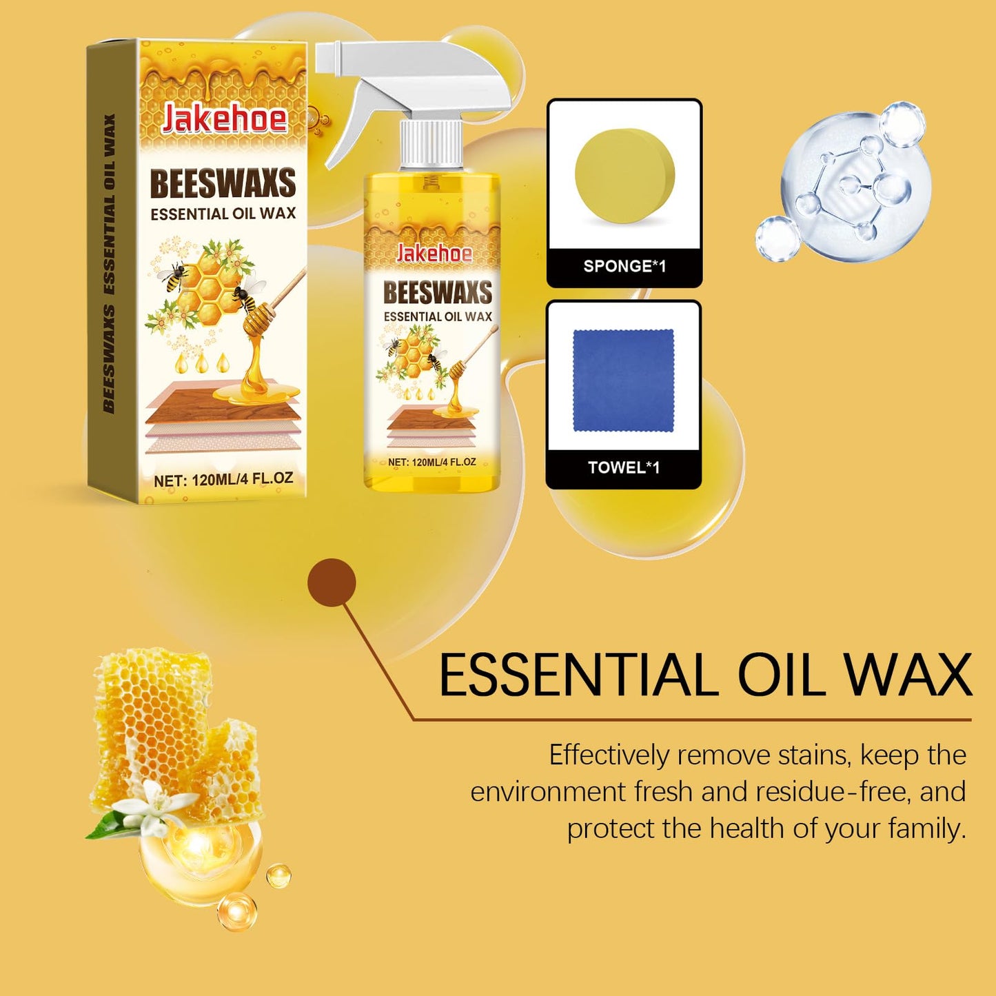 JAKEHOE Beeswax Wood Polish, Natural Beeswax Spray for Dull Furniture Care, Cleans, Polishes, Protects, Non-Greasy Wood Cleaner for Furniture, Floors (2PCS*120ML)