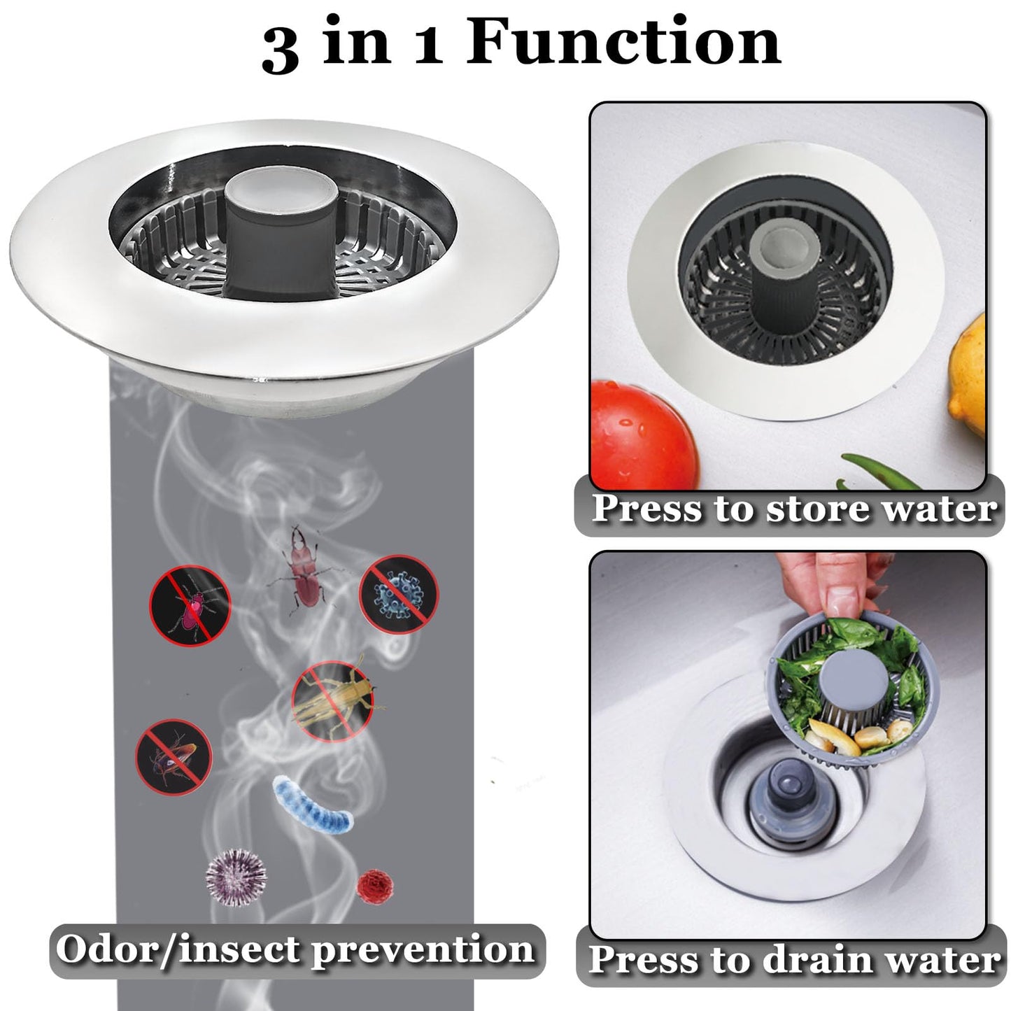 BAOLSLS 3 in 1 Kitchen Sink Stopper, Pop Up Kitchen Sink Drain Strainer, with an Extra Basket Strainer, Kitchen Sink Drain Stopper for US Standard 3-1/2 Inch, Brass Material Electroplate Silver