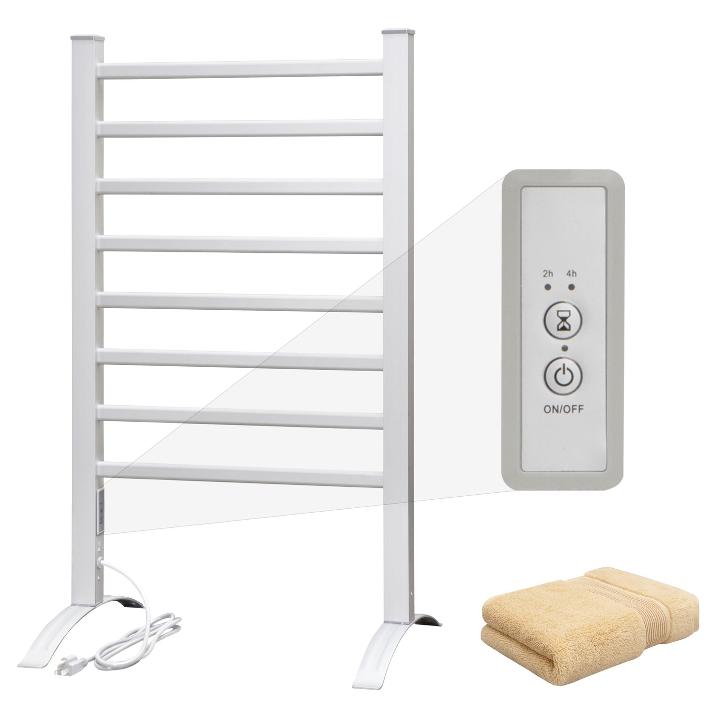 KEG Towel Warmer 8 Bars for Bathroom Freestanding or Wall Mounted Bath Towel Heater Plug-in with Built-in Timer Silver