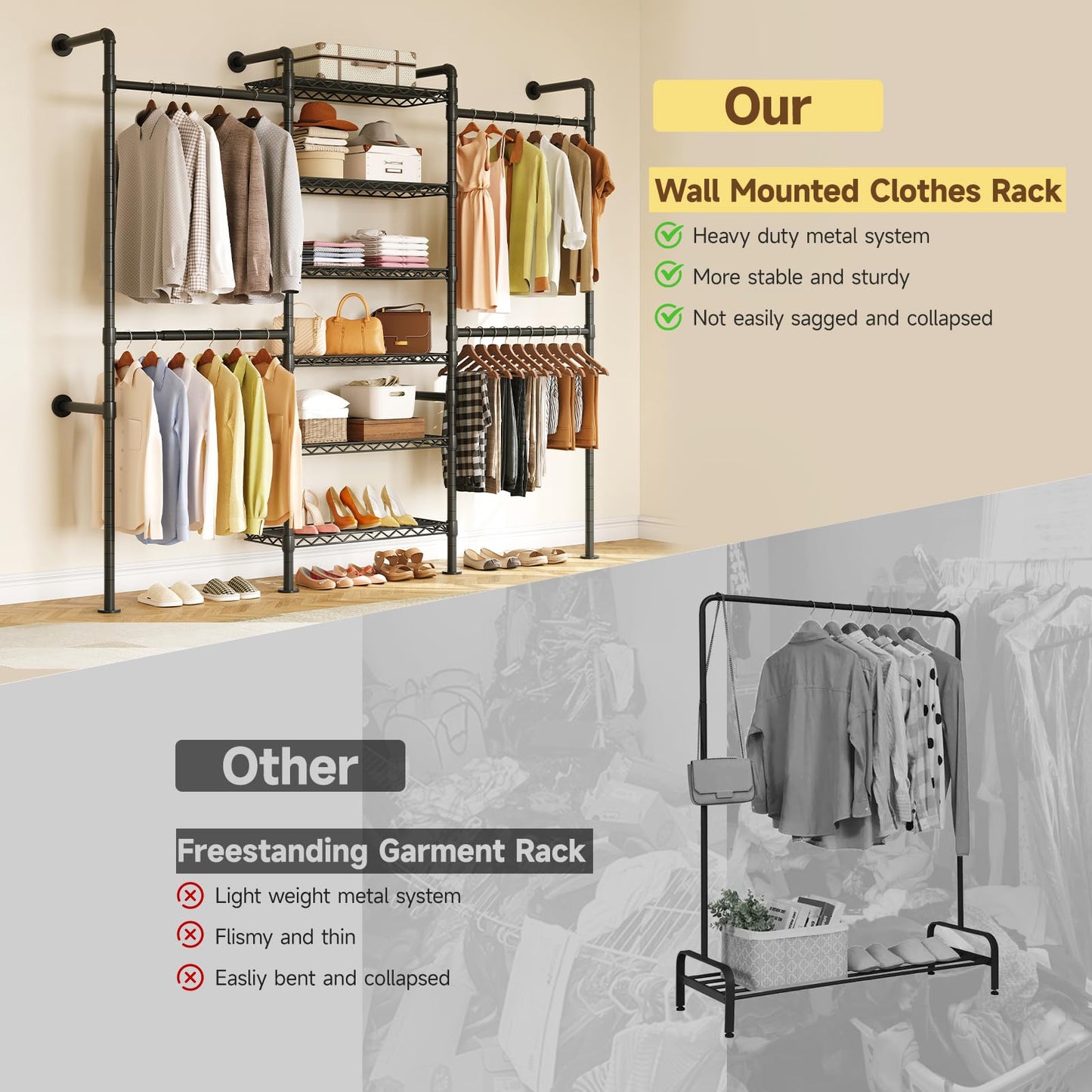 ONBRILL H3 Expandable Wall Mounted Closet System, 5.4FT-8.1FT Closet Organizer with 4 Telescopic Rods & 6 Wire Shelves, Industrial Pipe Clothing Rack for Walk-in & Reach-in Closet (Black)