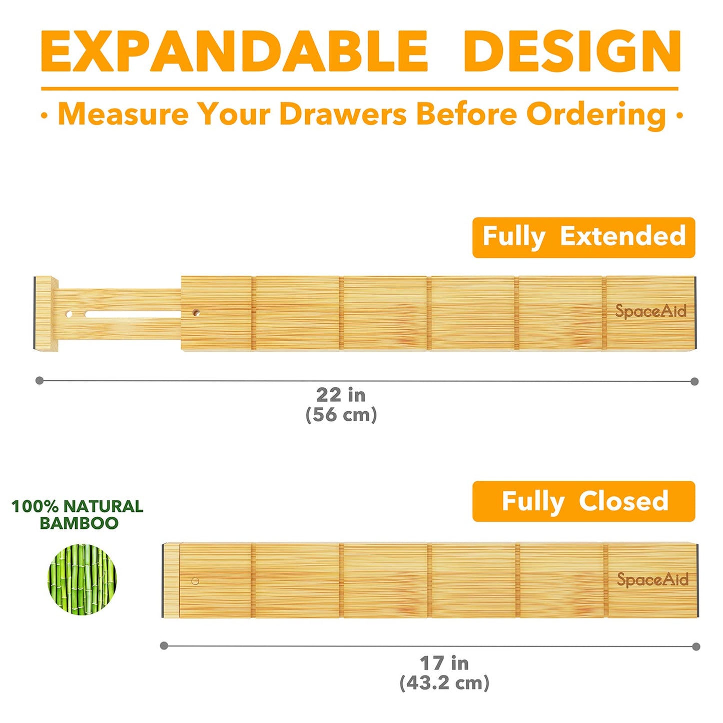 SpaceAid Bamboo Drawer Dividers with Inserts and Labels, Kitchen Adjustable Drawer Organizers, Expandable Organization for Home, Office, Dressers, 4 Dividers with 9 Inserts (17"-22" Natural)