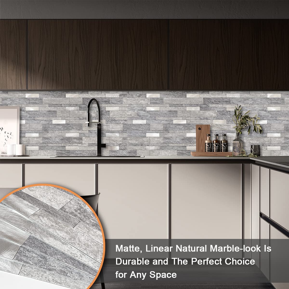 VAOVI Backsplash Tile Peel and Stick Kitchen Stone Subway Linear Mosaic Bathroom Shower Wall Waterproof(10pcs,Gray)