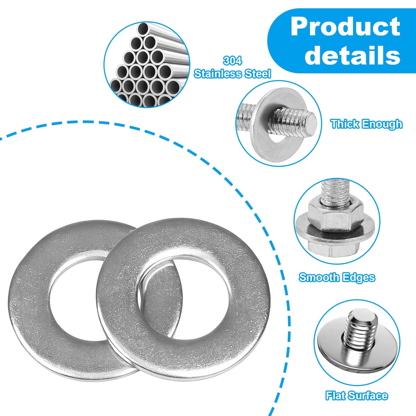 Yinpecly 200pcs 1/4'' Flat Washers OD 5/8'', 304 Stainless Steel Washers,SAE Metal Washers for Screws Bolts