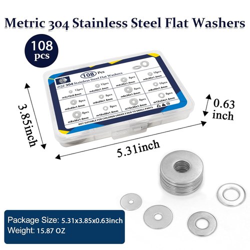 ZQZ 108Pcs Flat Washers, 304 Stainless Steel Fender Washers Assortment, 12 Different Sizes Wide Washer M3 M4 M5 M6 M8 M10 M12 Assorted Flatwashers Kit