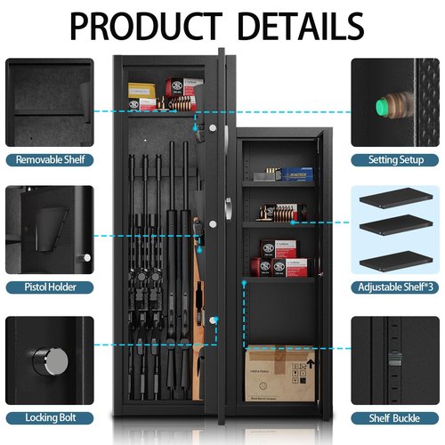 Gun Safe for Rifles and Pistols 8-12 Large Rifle Safe Gun Cabinet and Ammunition Cabinet with Quick-Access Lock Gun Locker with Adjustable Shelf for Handgun Shotgun Ammo