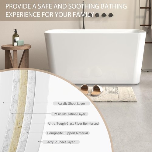 KEIKI 49" Freestanding Acrylic Soaking Bathtub, Square Japanese Deep Soak Tub with Angled Lumbar Support, Premium Cast Acrylic, Glossy White