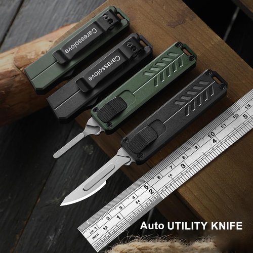 Caressolove Auto Retractable Utility Knife, Safety Black Automatic Box Cutter, Scalpel Pocket Knife, Push Button EDC Razor Knife with 10PCS #23 Blades