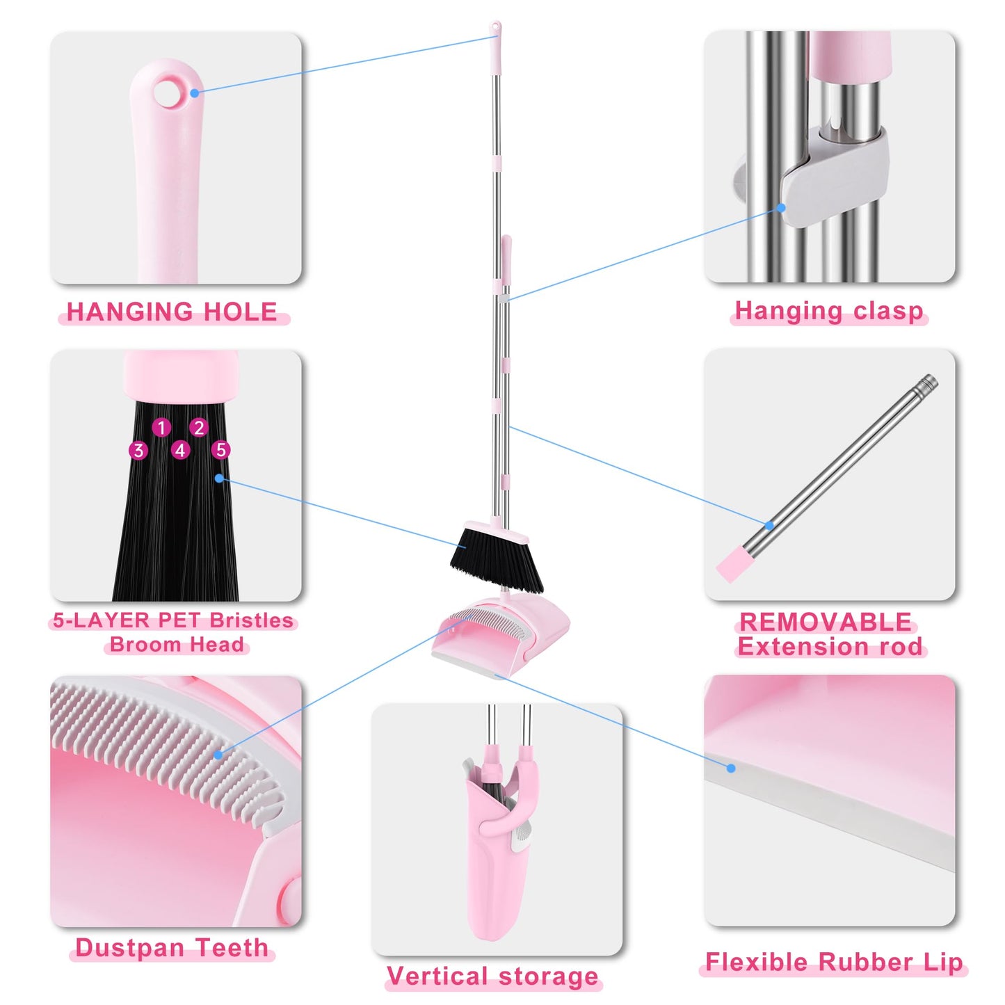BSKLIN Broom and Dustpan Set for Home, 52” Long Handle Broom with Dustpan Combo Set with Dust Pan Teeth to Clean Hair Sweeping Set for Kitchen Hardwood Floors Pet Hair (Pink)
